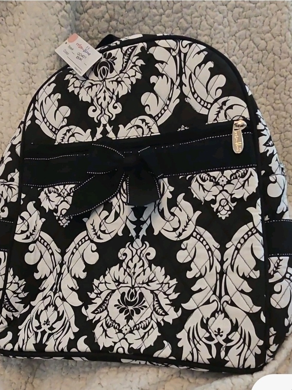 Quilted Black & White Damask Backpack - Rosen Blue